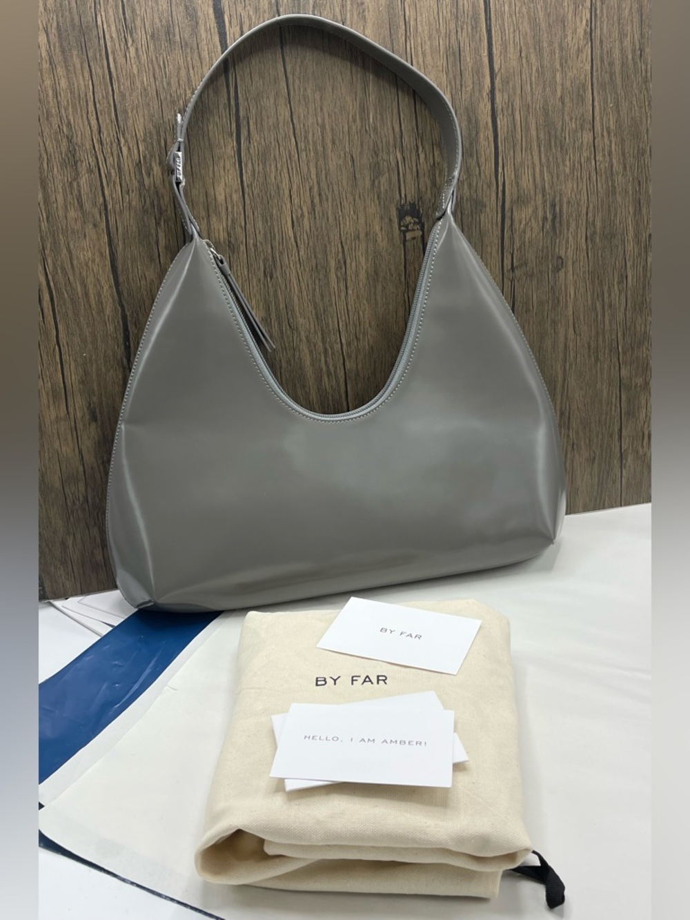 By Far Amber Semi Patent Cowhide Leather-Cement Shoulder Bag $685
